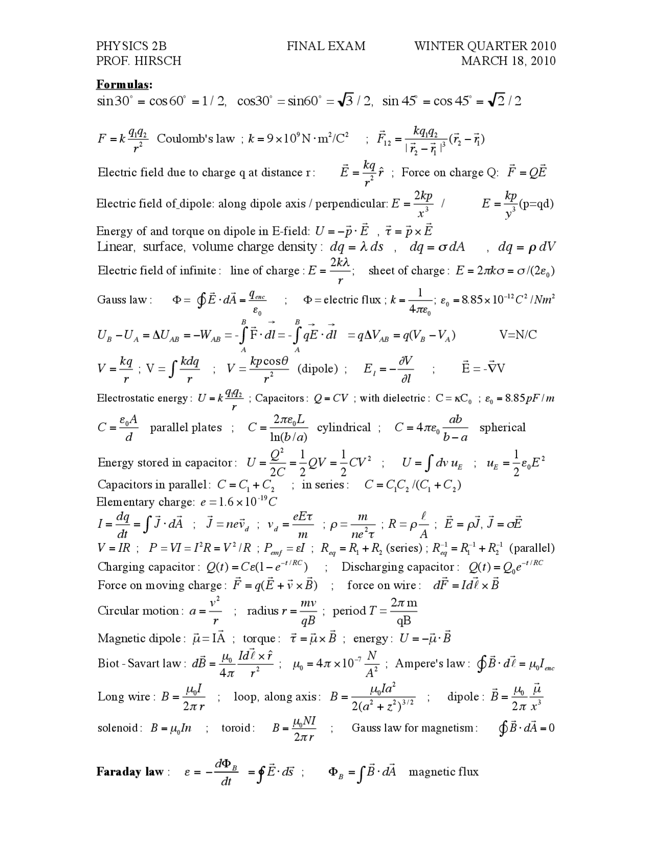 Final Exam Formula with Solutions - Physics Electricity and Magnetism ...