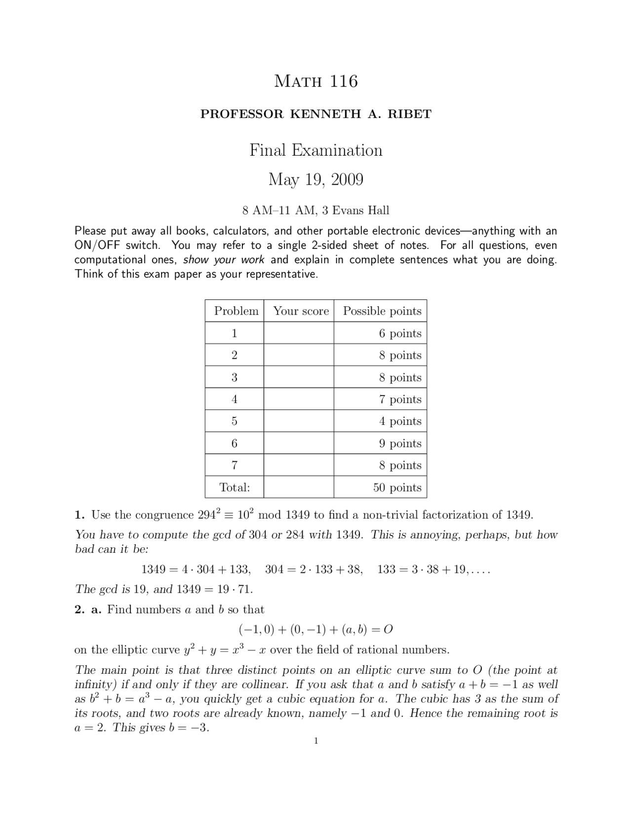Final Exam with Practice Problems - Cryptography | MATH 116 - Docsity