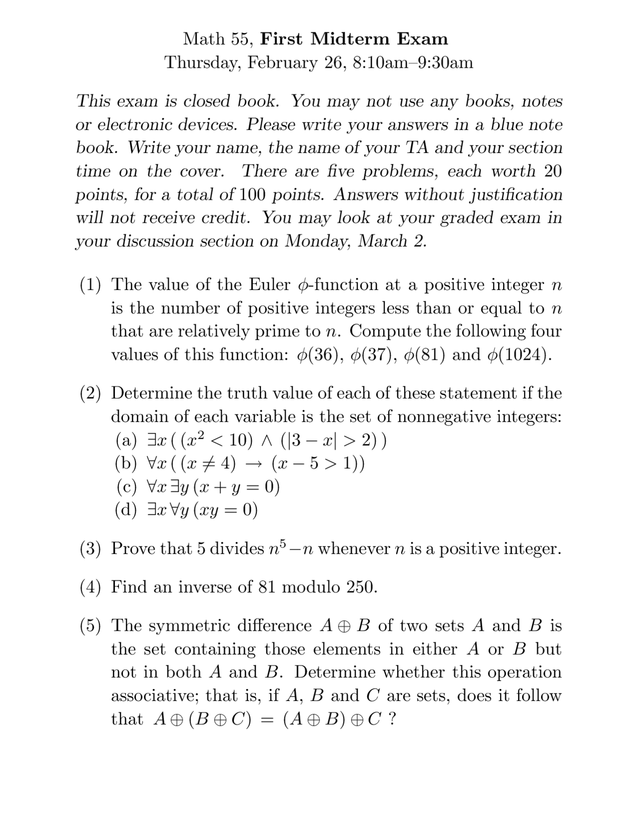 First Midterm Exam with Answer Key - Discrete Mathematics | MATH 55 ...