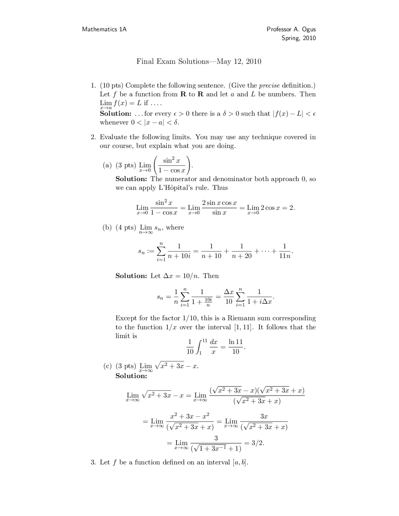Final Exam with Solutions | Calculus 2010 | MATH 1A - Docsity