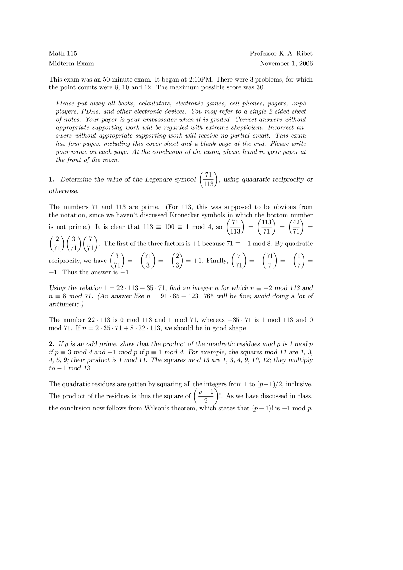 Practice Midterm Exam - Introduction to Number Theory | MATH 115 - Docsity