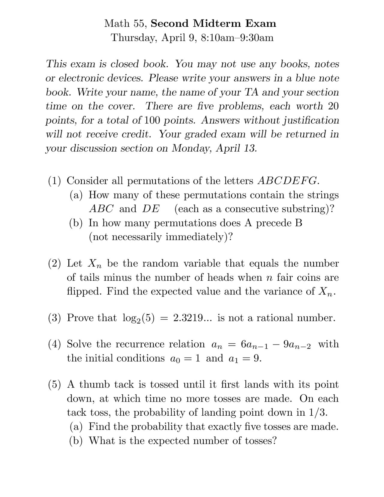 Second Midterm Exam Solutions - Discrete Mathematics | MATH 55 - Docsity