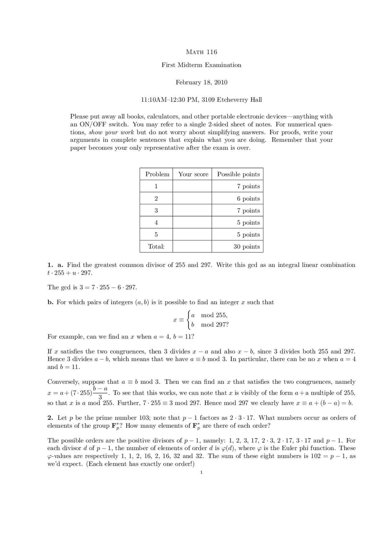 5 Problems on Cryptography - Midterm Exam I | MATH 116 - Docsity