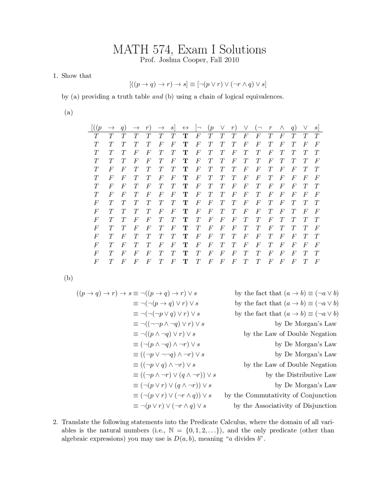 Exam 1 with Solution for Discrete Mathematics | MATH 574 - Docsity