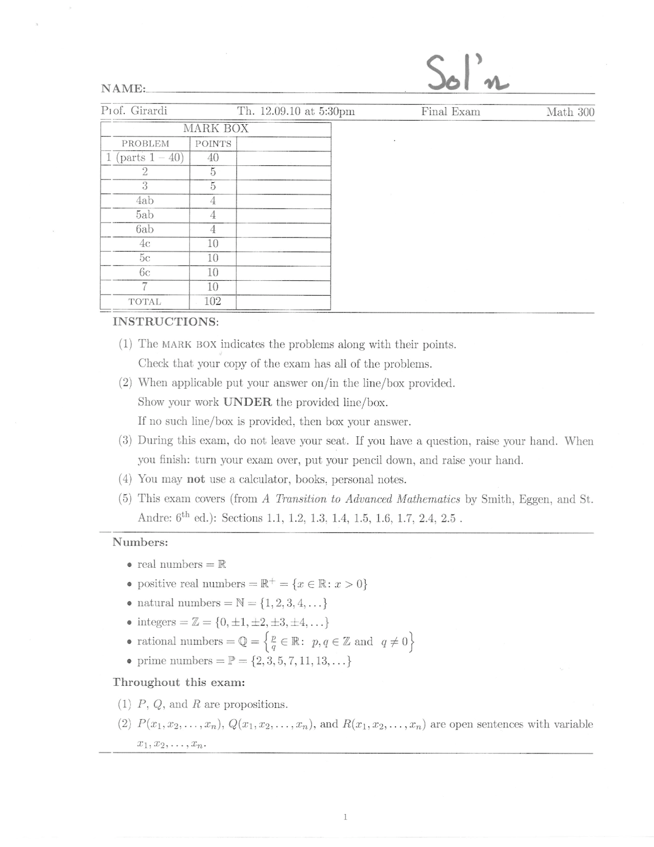 Final Examination with Solutions - Transition to Advanced Mathematics ...