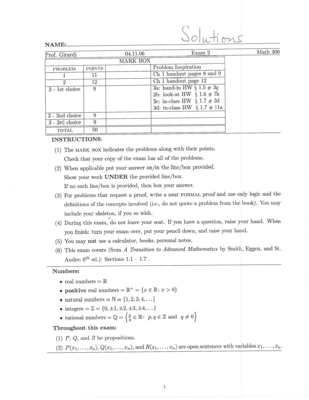Math 300 Rutgers Past Exam 2 with Resolution - Transition to Advanced Mathematics | MATH ...