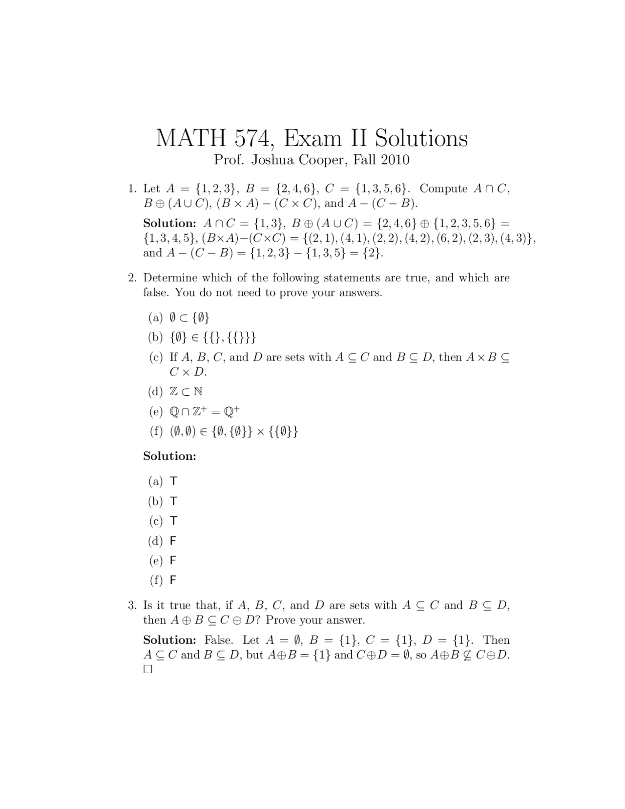 Exam II With Solutions For Discrete Mathematics I | MATH 574 - Docsity