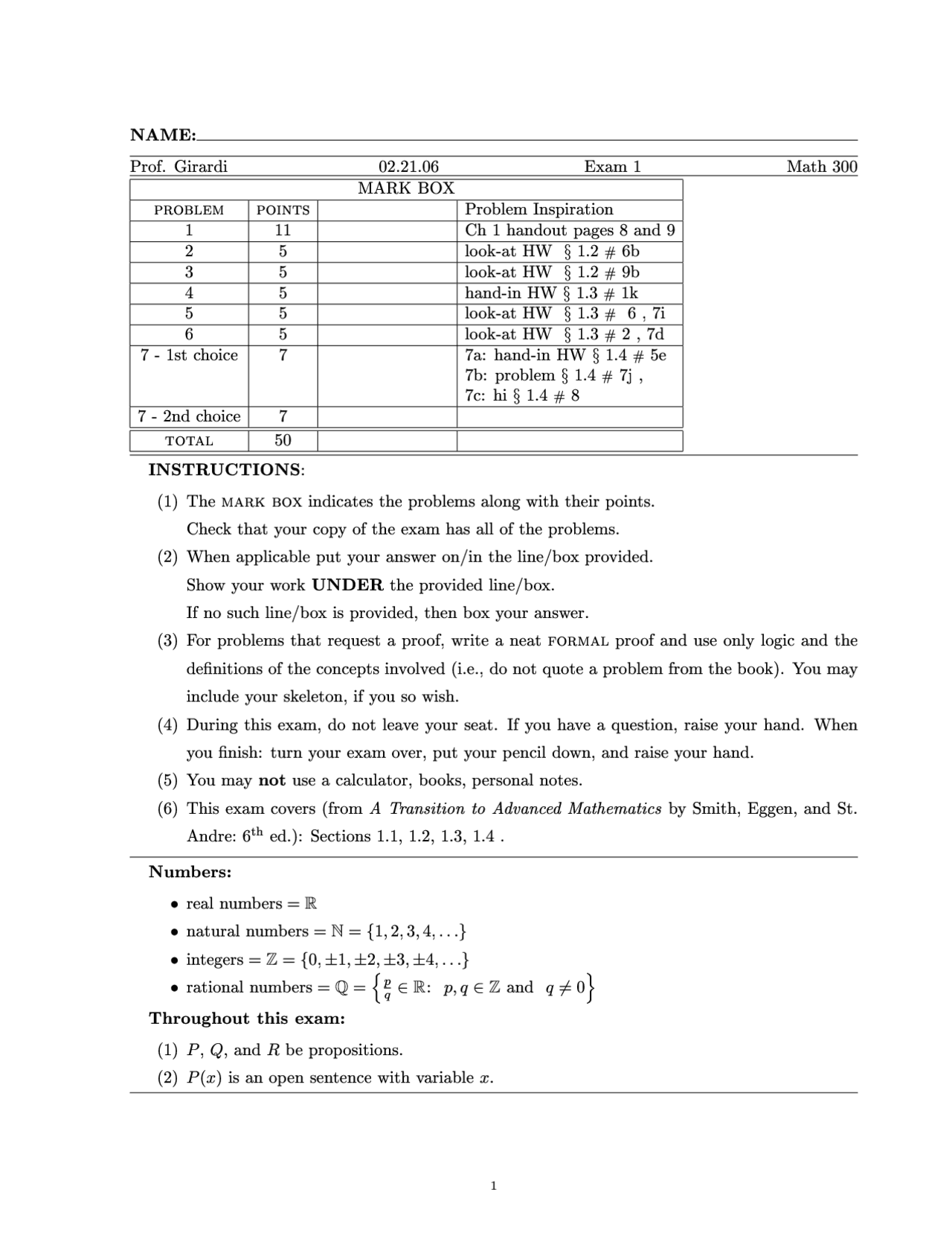 7 Problems in Examination 1 - Transition to the Advanced Math | MATH ...
