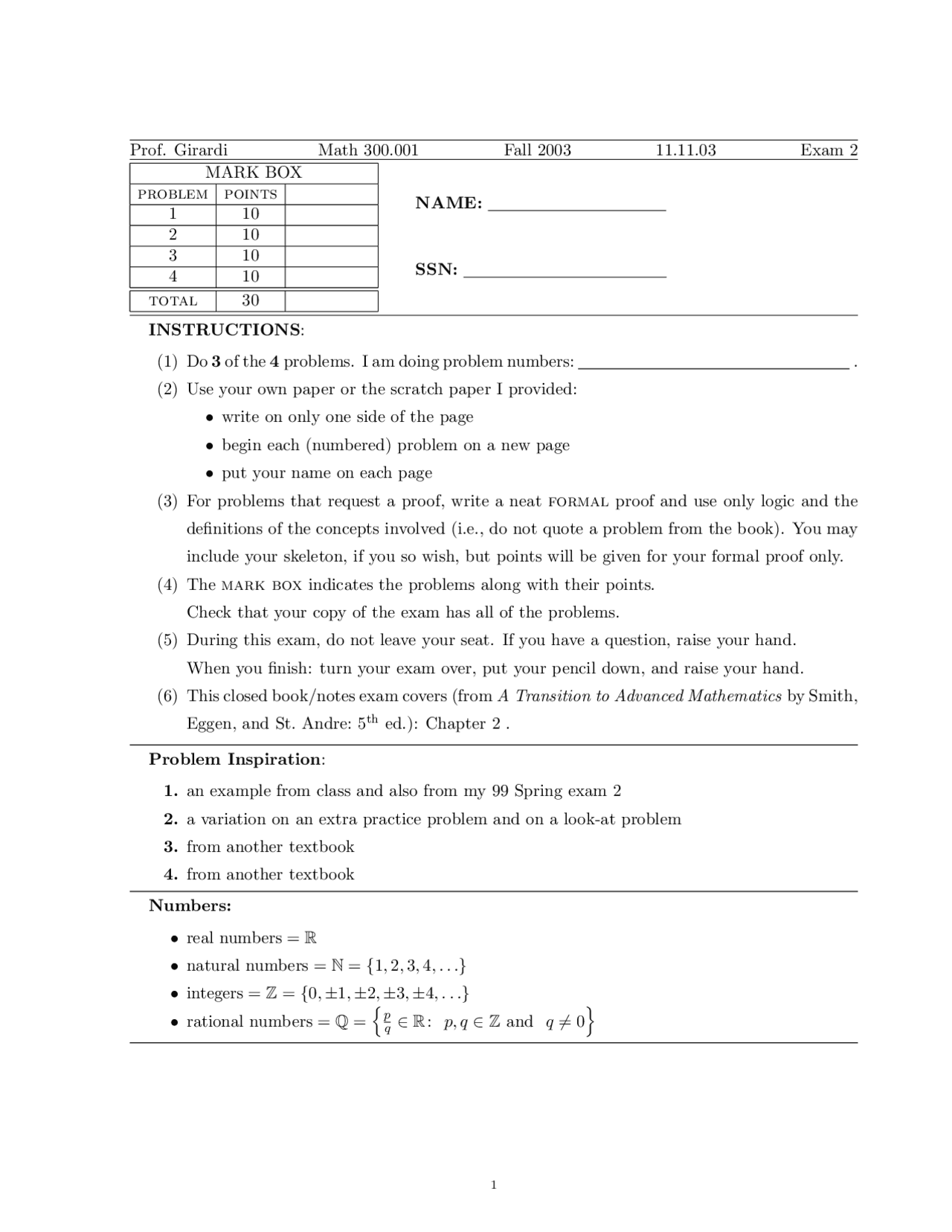 4 Problems for Exam 2 - Transition to Advanced Mathematics | MATH 300 ...