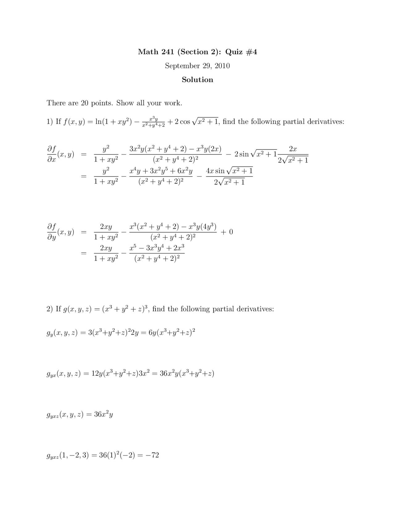Quiz 4 with Solution - Vector Calculus | MATH 241 - Docsity