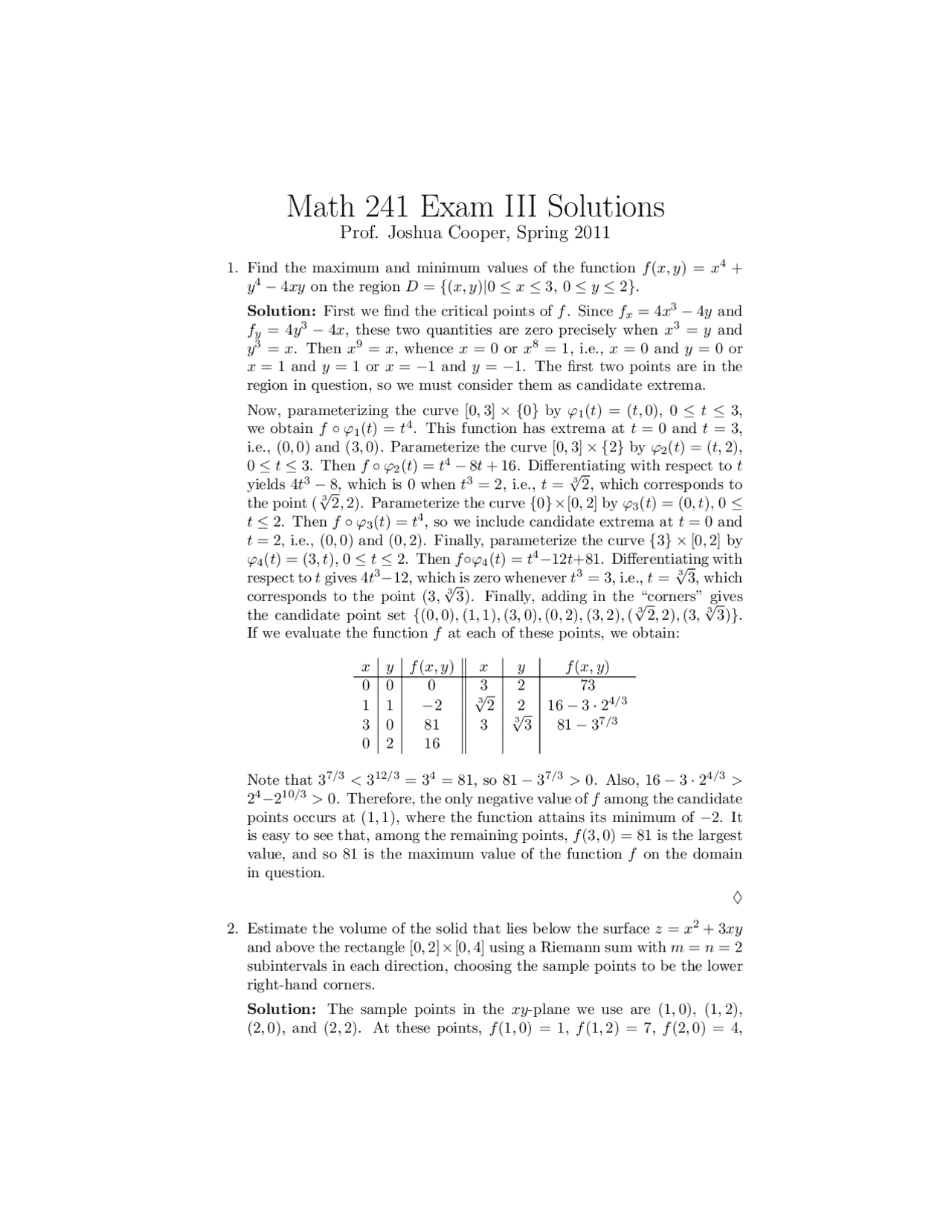 Exam 3 Solutions - Vector Calculus | MATH 241 - Docsity
