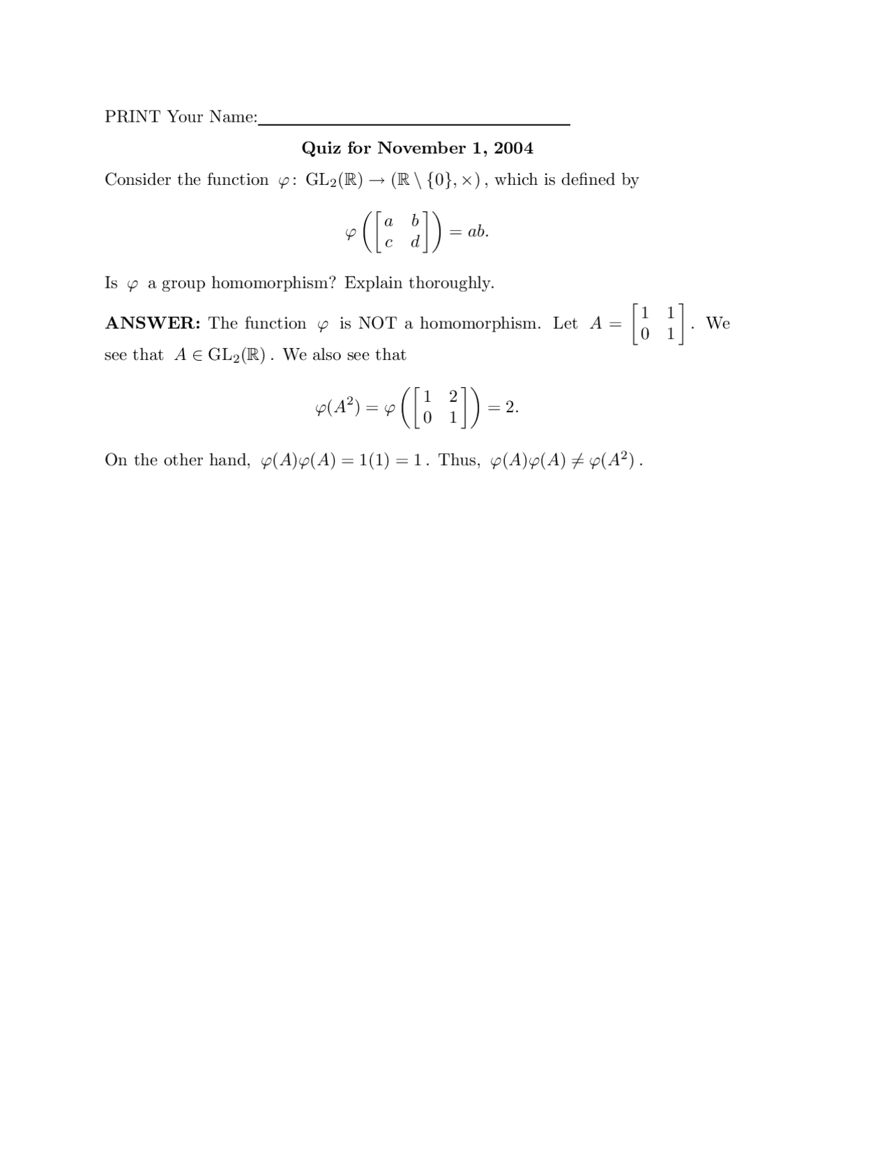 Quiz 9 with Answer Key for Algebraic Structures I | MATH 546 - Docsity