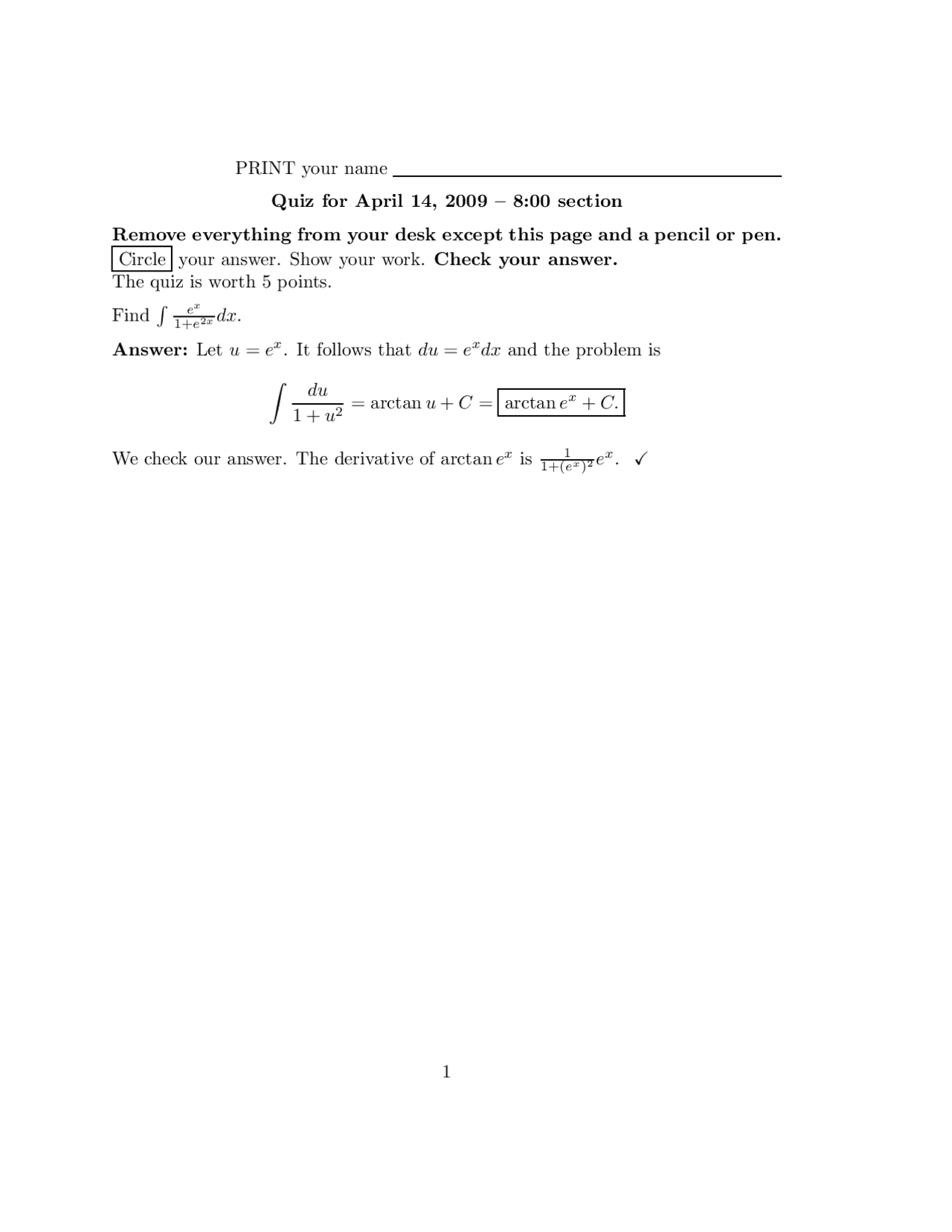 Calculus I - Sample Quiz 12 with Answers | MATH 141 - Docsity