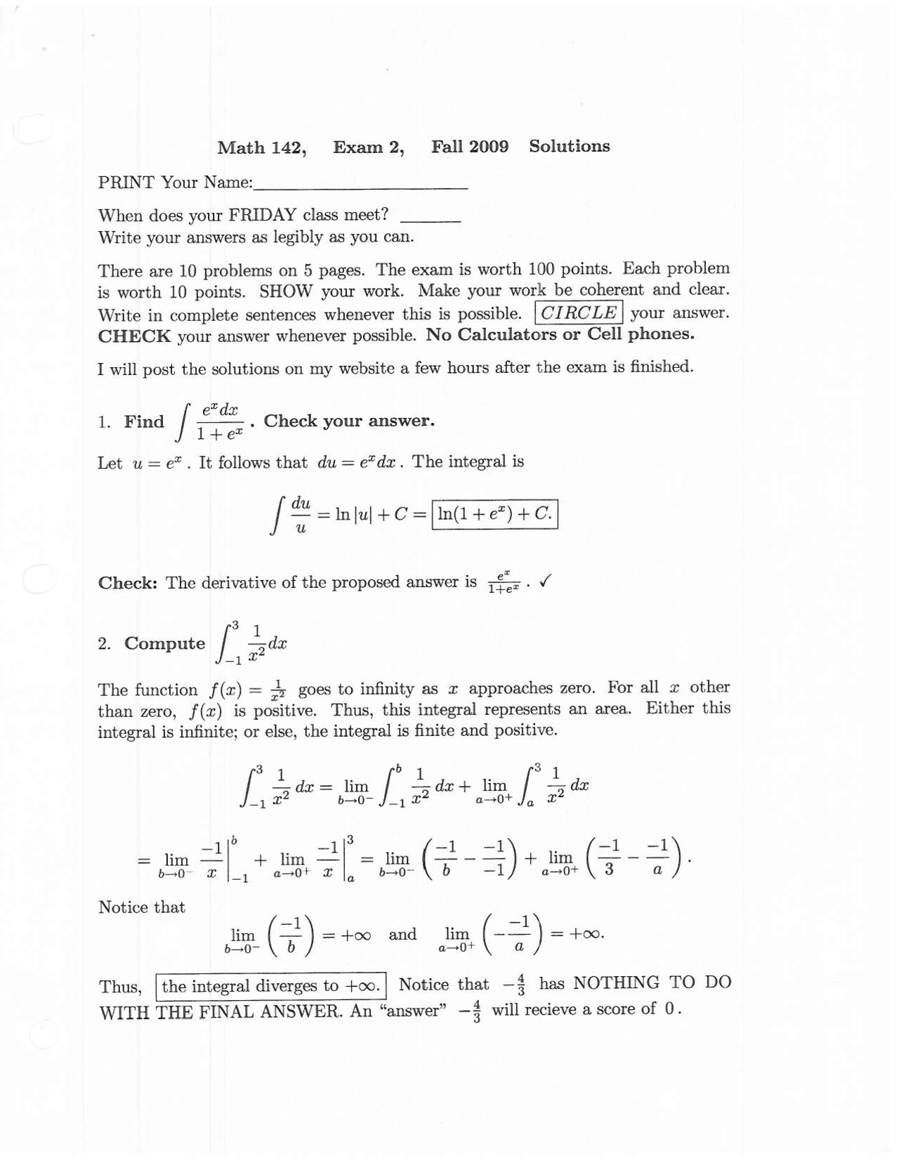 9 Solved Questions to Compute the Functions - Exam 2 | MATH 142 - Docsity
