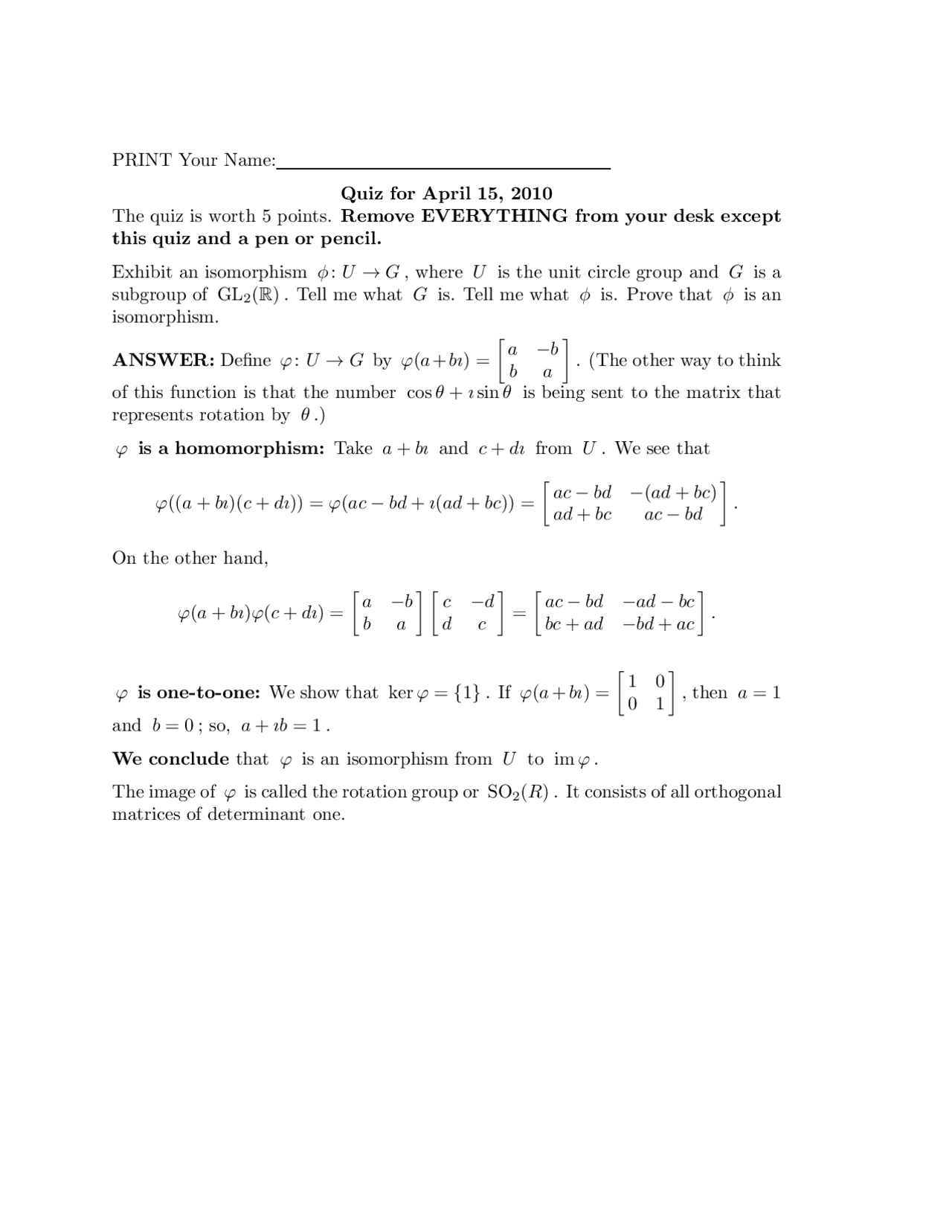 Isomorphism - Algebraic Structures I - Quiz 10 with Answer | MATH 546 ...