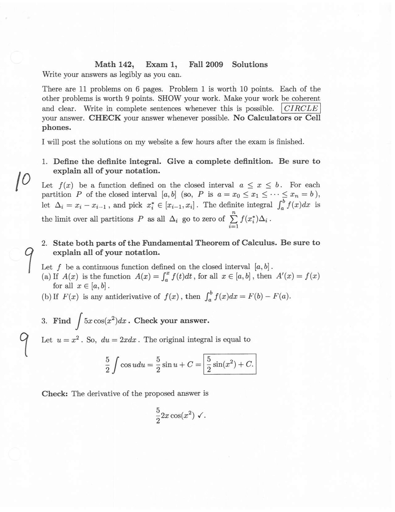 Exam 1 Solved Problems - Calculus II | MATH 142 - Docsity
