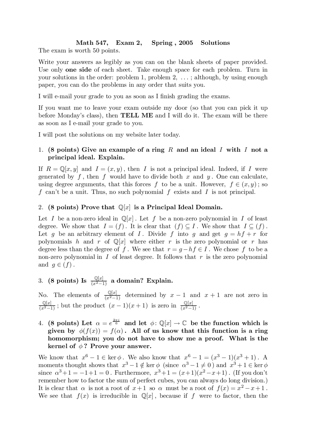 Algebraic Structures - Exam II with Answers | MATH 547 | Exams ...