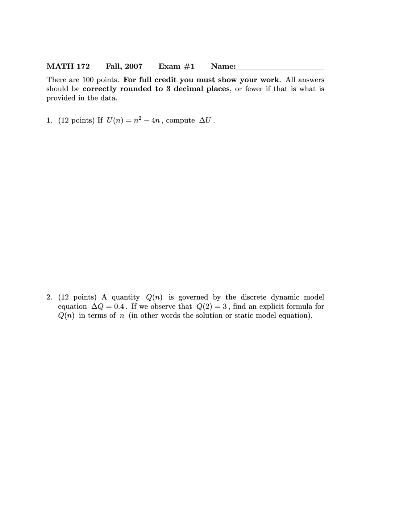 6 Problems on the Dynamic Model Equations - Exam 1 | MATH 172 - Docsity