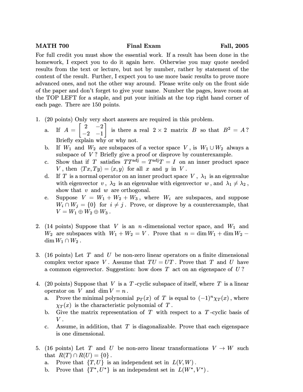 10 Questions Of Linear Algebra Final Exam Math 700 Docsity