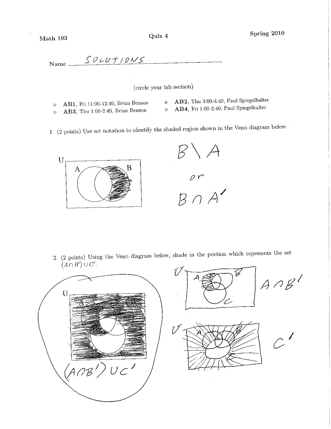 Quiz IV with Answers - Theory of Arithmetic | MATH 103 - Docsity