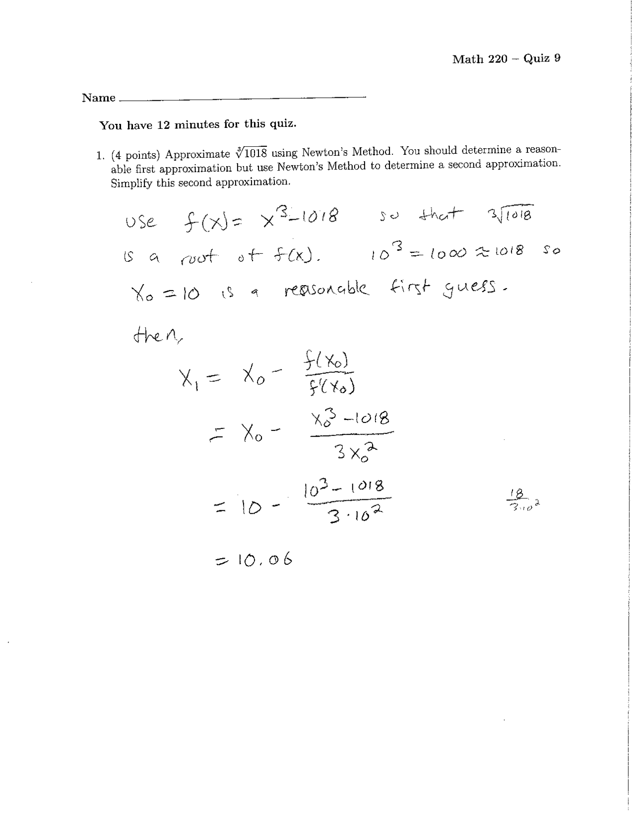 Quiz #9 with Solutions - Calculus | MATH 220 | Quizzes Calculus | Docsity
