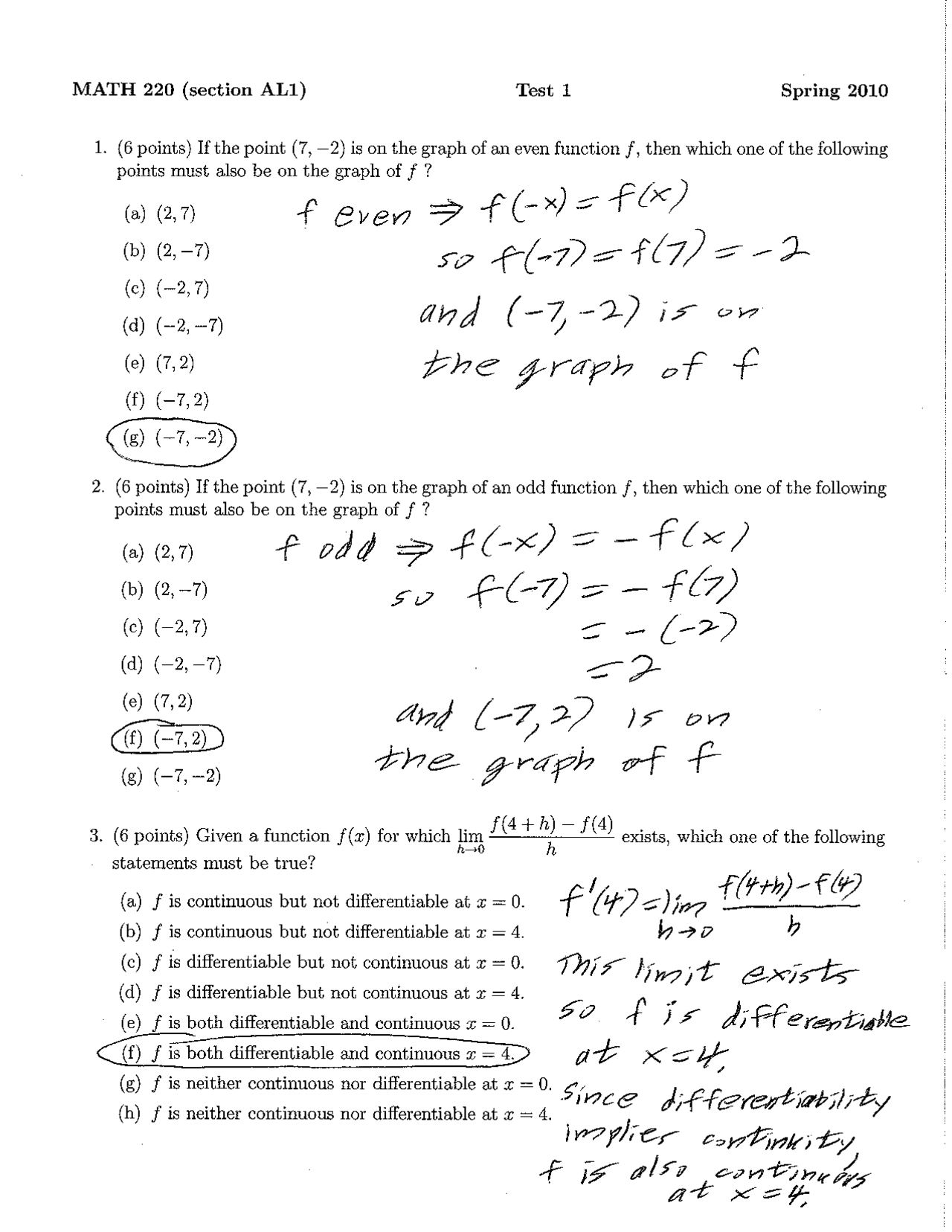10 Solved Questions for Exam 1 - Calculus | MATH 220 - Docsity