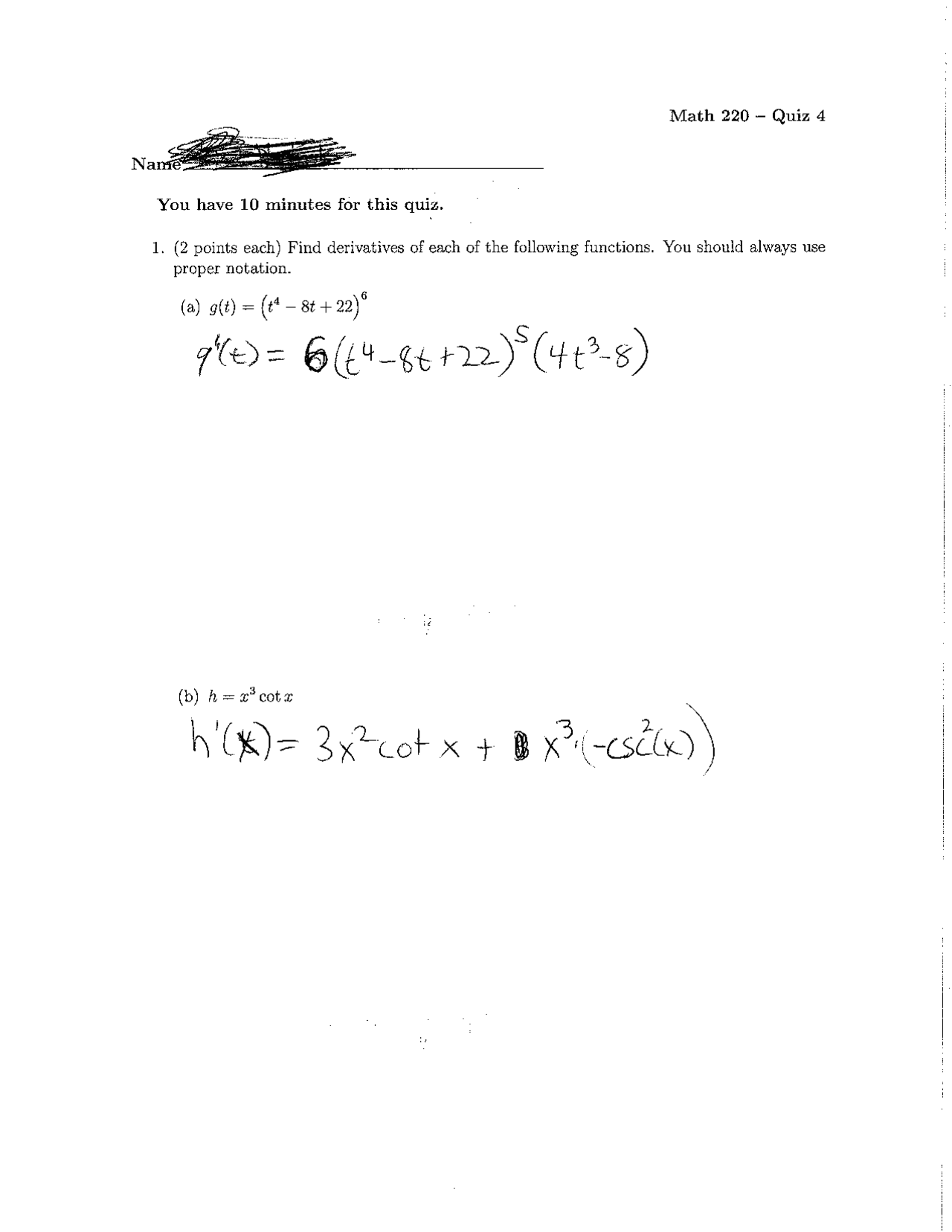 Calc 22 Problem Practice Problems on Calculus - Solutions to Quiz 4 | MATH 220 - Docsity