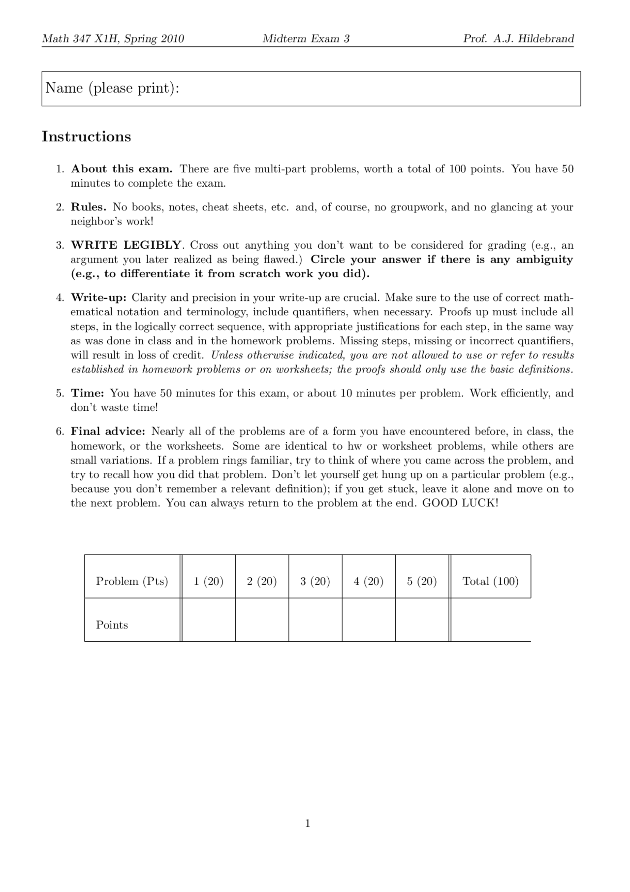 Fundamental Mathematics - 5 Problems On Exam 3 | Math 347 - Docsity