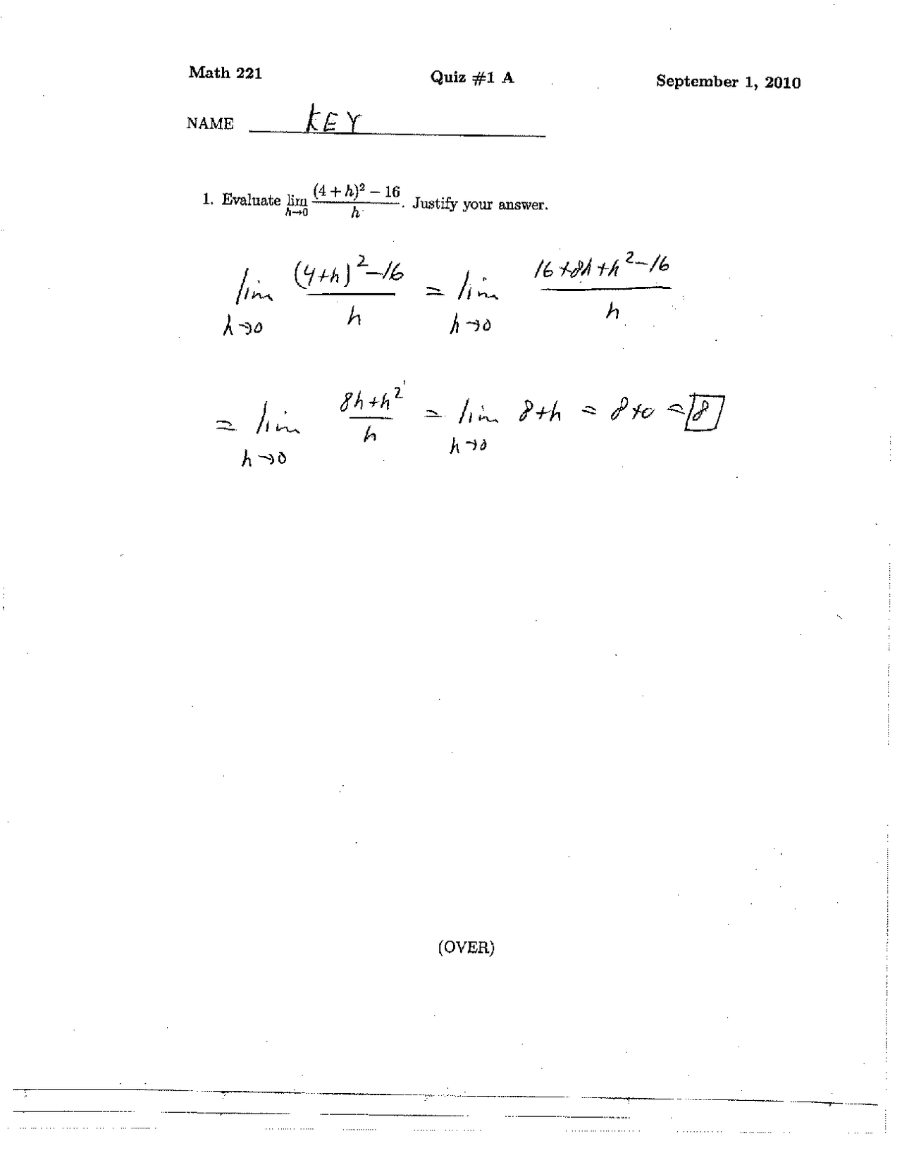 Quiz 1A Answer Key | Calculus I | MATH 221 - Docsity