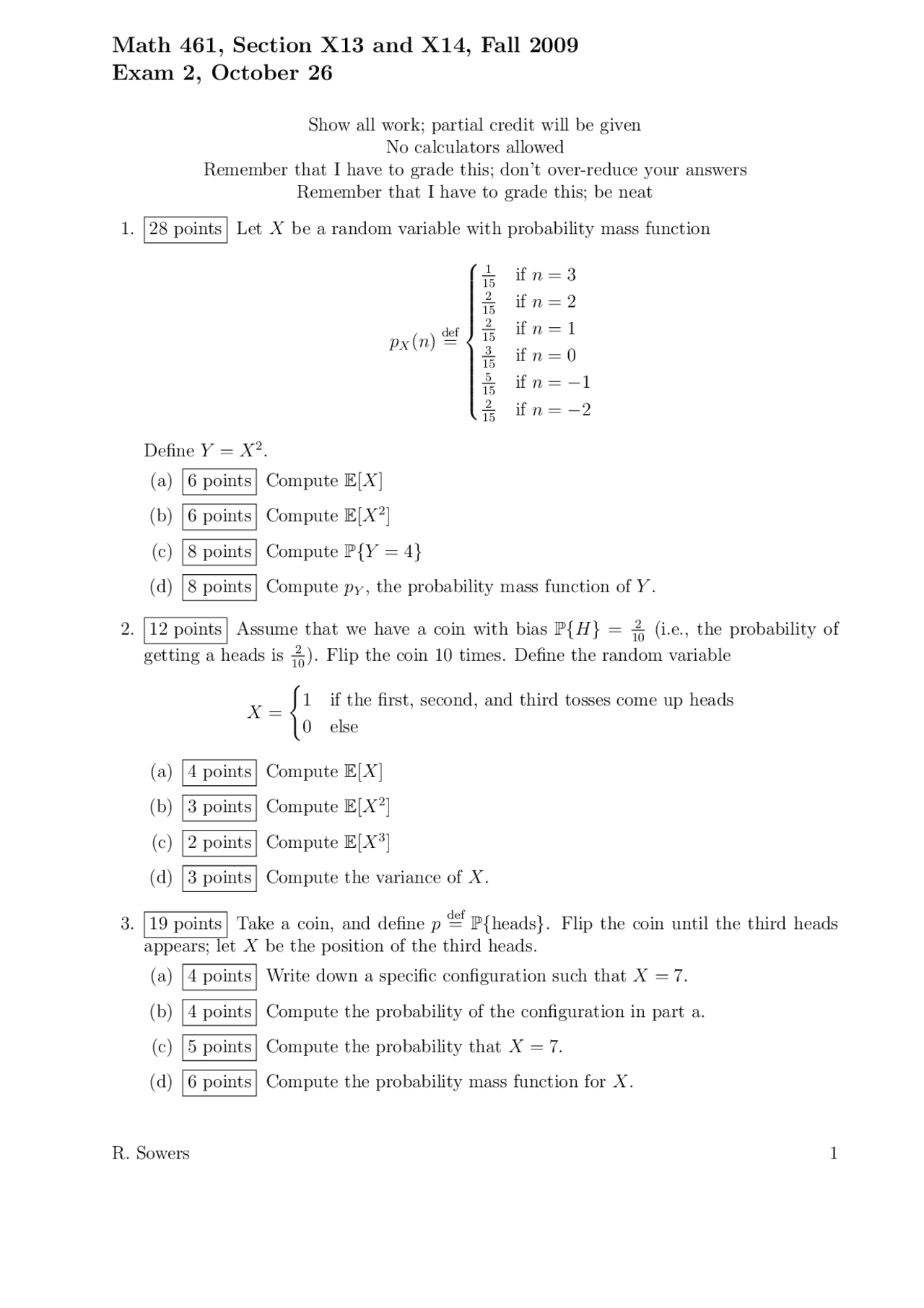 6 Questions Exam 2 - Probability Theory | MATH 461 - Docsity