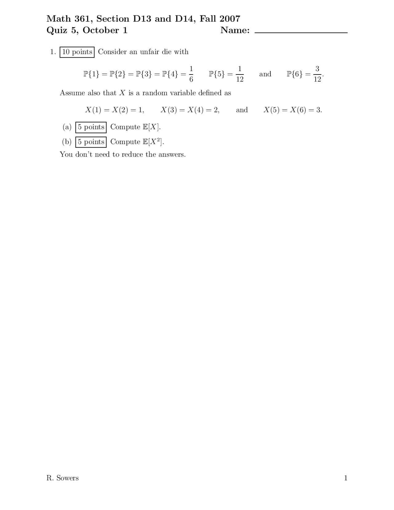 Probability Theory - Quiz Five with Answers | MATH 461 - Docsity