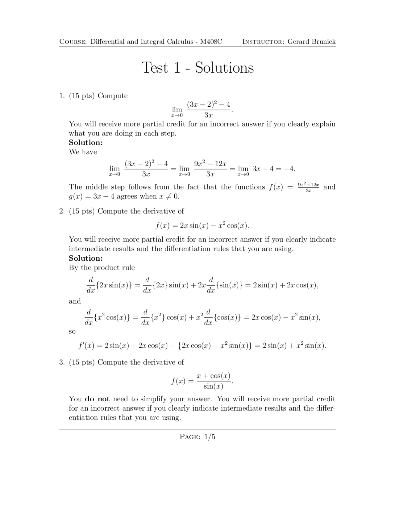 Differential and Integral Calculus - Test #1 Solutions | M 408C - Docsity