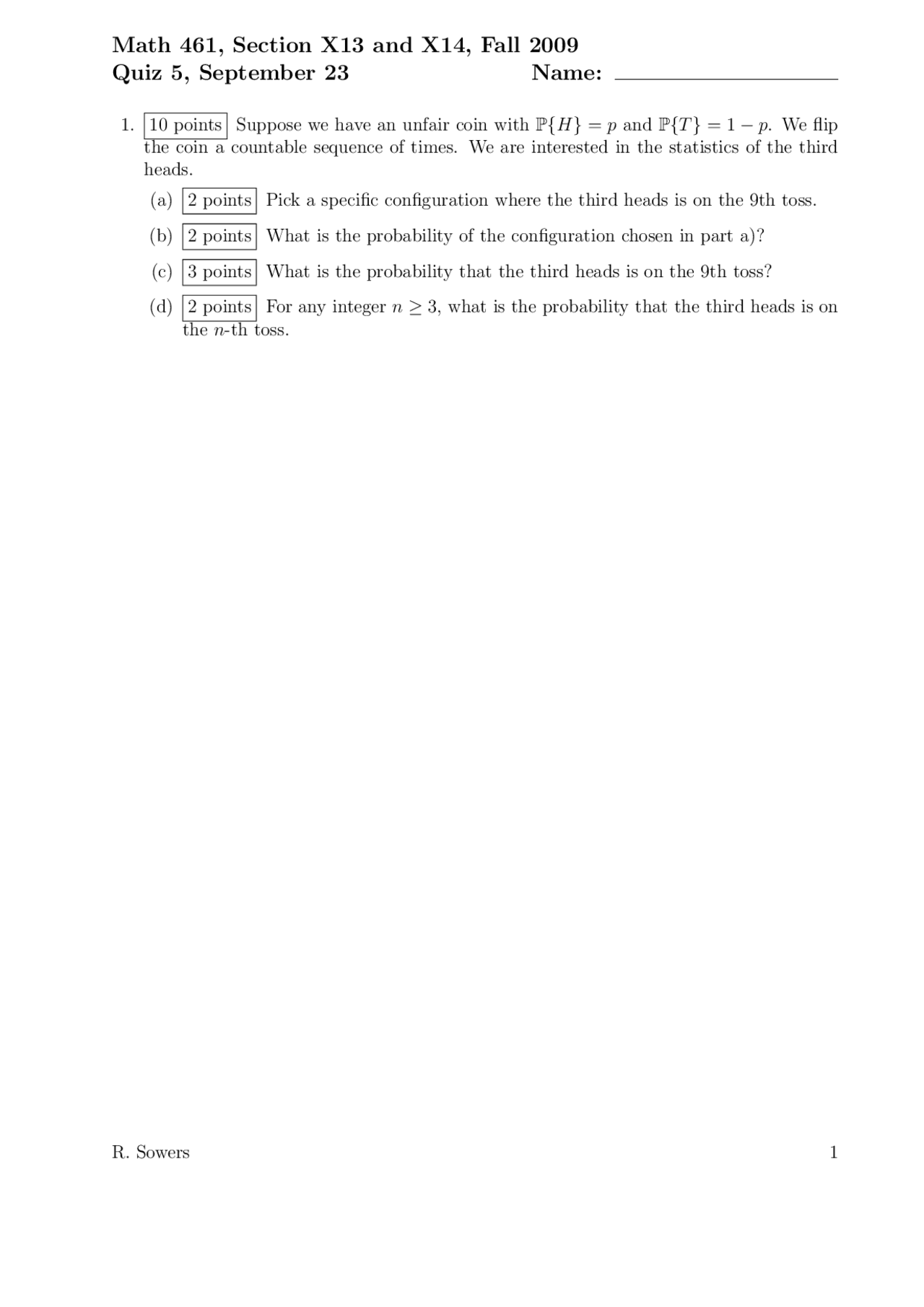 Quiz Five Answers - Probability Theory | MATH 461 - Docsity