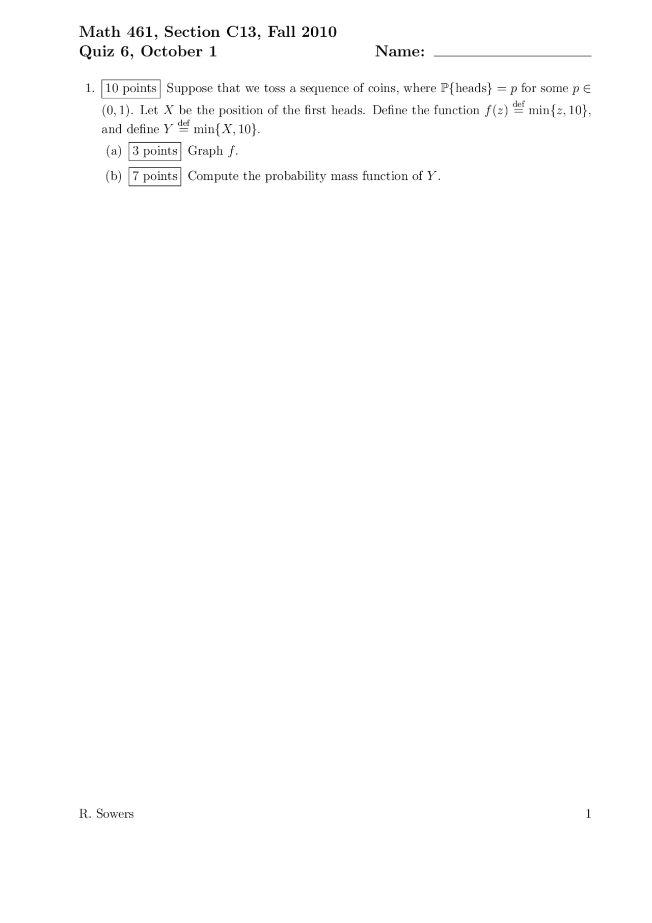 Quiz 6 with Answers - Probability Theory | MATH 461 - Docsity