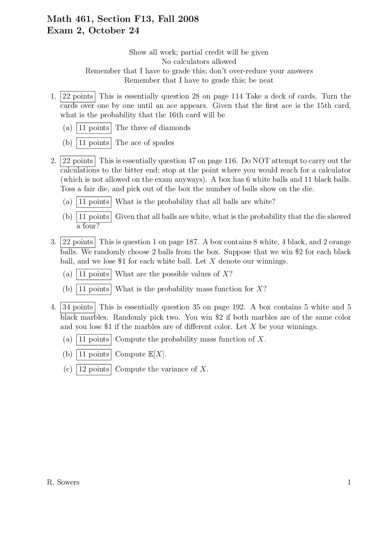 Exam 2 with Solution for Probability Theory | MATH 461 - Docsity