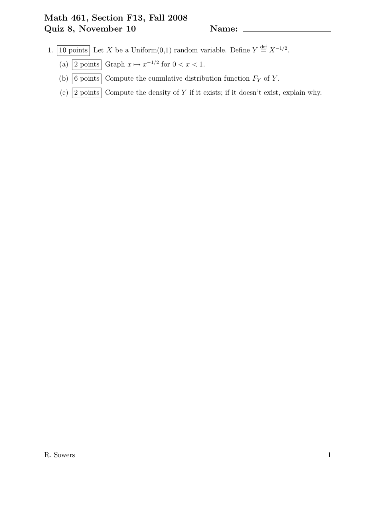 Quiz 8 with Solutions - Probability Theory | MATH 461 - Docsity