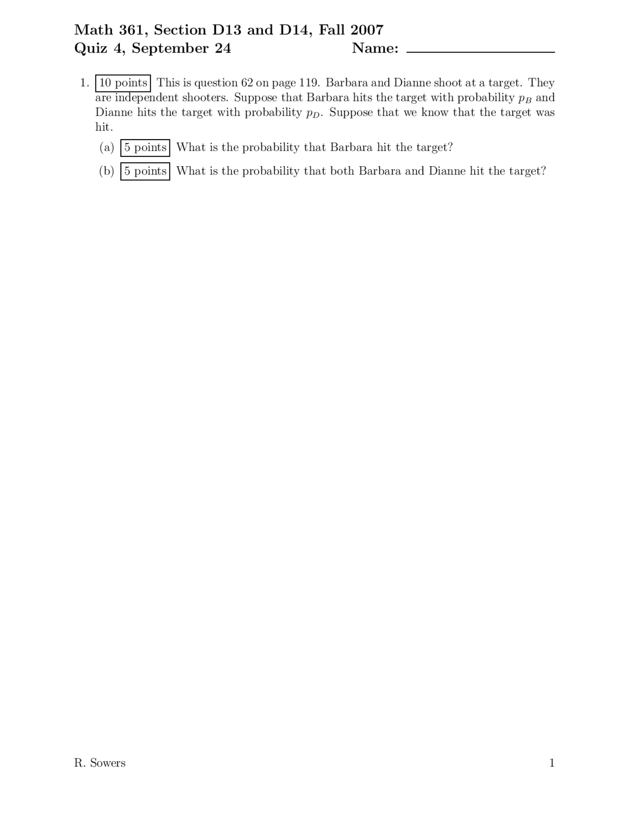 Quiz IV with Solutions - Probability Theory | MATH 461 - Docsity