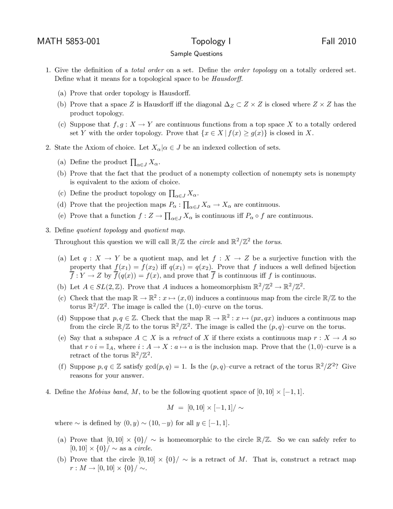 Topology Math Homework Sample Questions for Exam - Topology I | MATH 5853 - Docsity