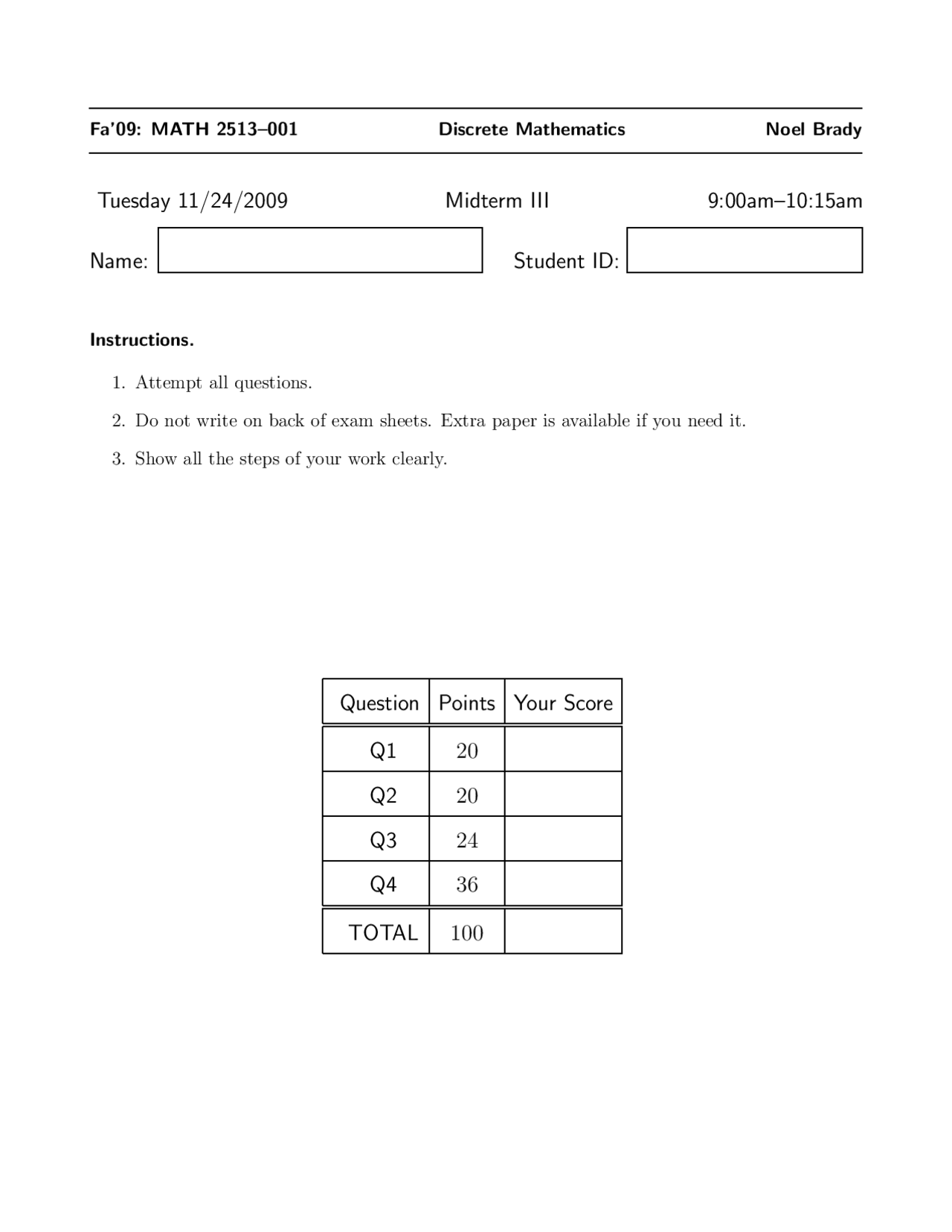 4 Questions on Discrete Mathematics Structure for Exam 3 | MATH 2513 ...