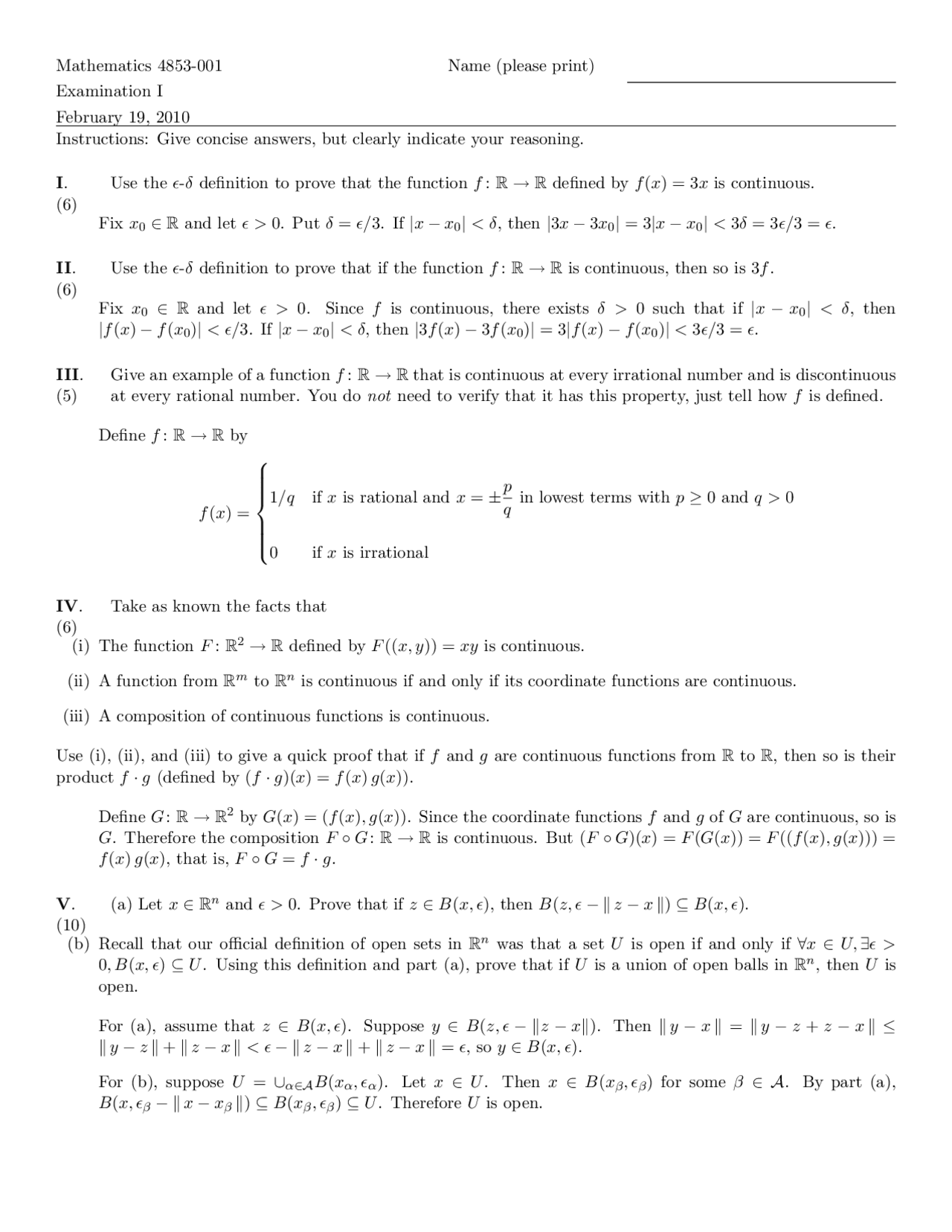 Solution for Exam 1 Questions - Introduction to Topology | MATH 4853 ...
