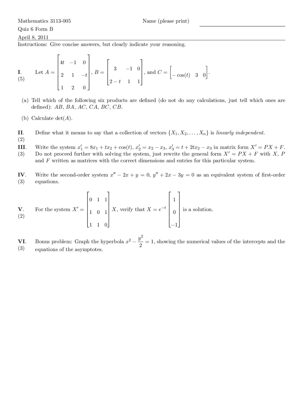 Second Order Question Write the Second Order System - Quiz 6 | MATH 3113 - Docsity