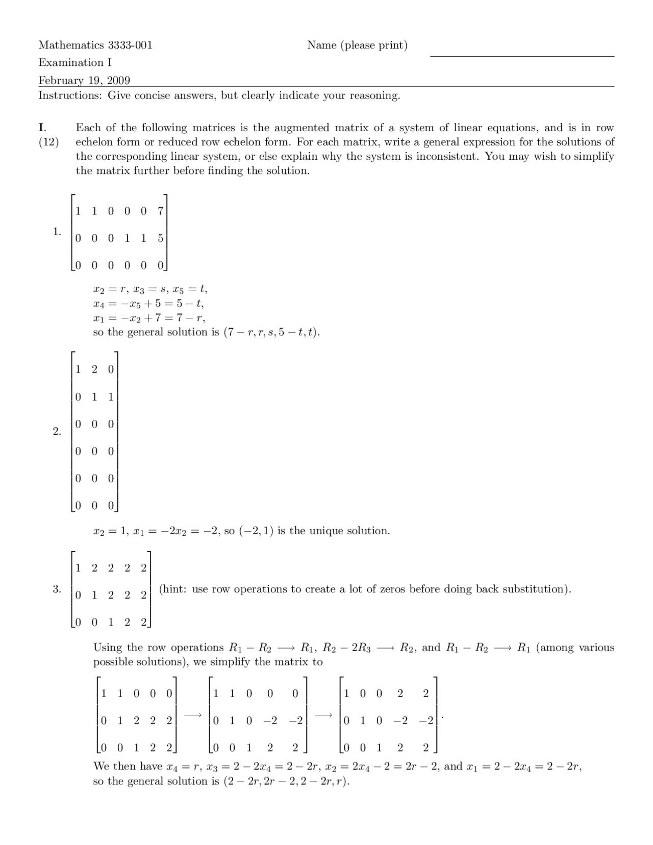 Examination 1 - Linear Algebra I with Solutions | MATH 3333 - Docsity