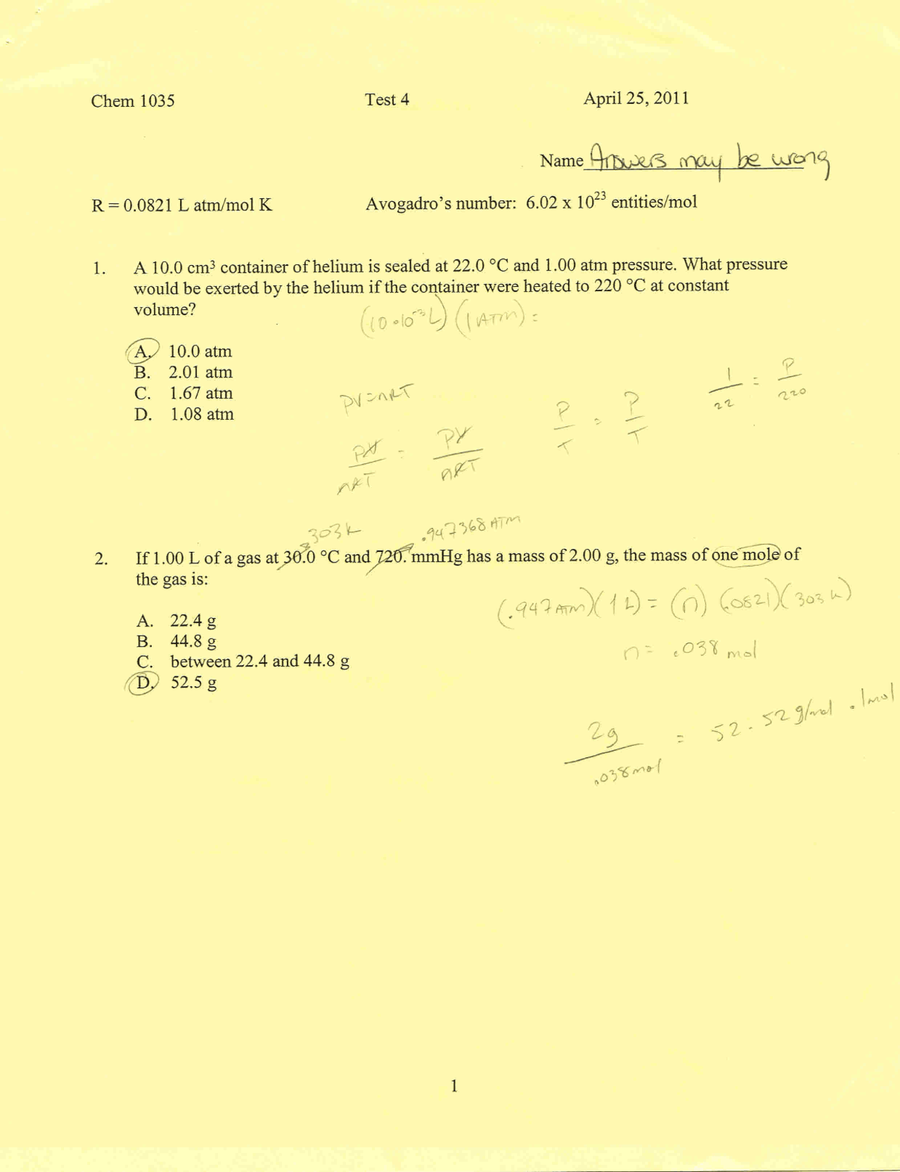 General Chemistry - Solved Questions for Exam 4 | CHEM 1035 - Docsity