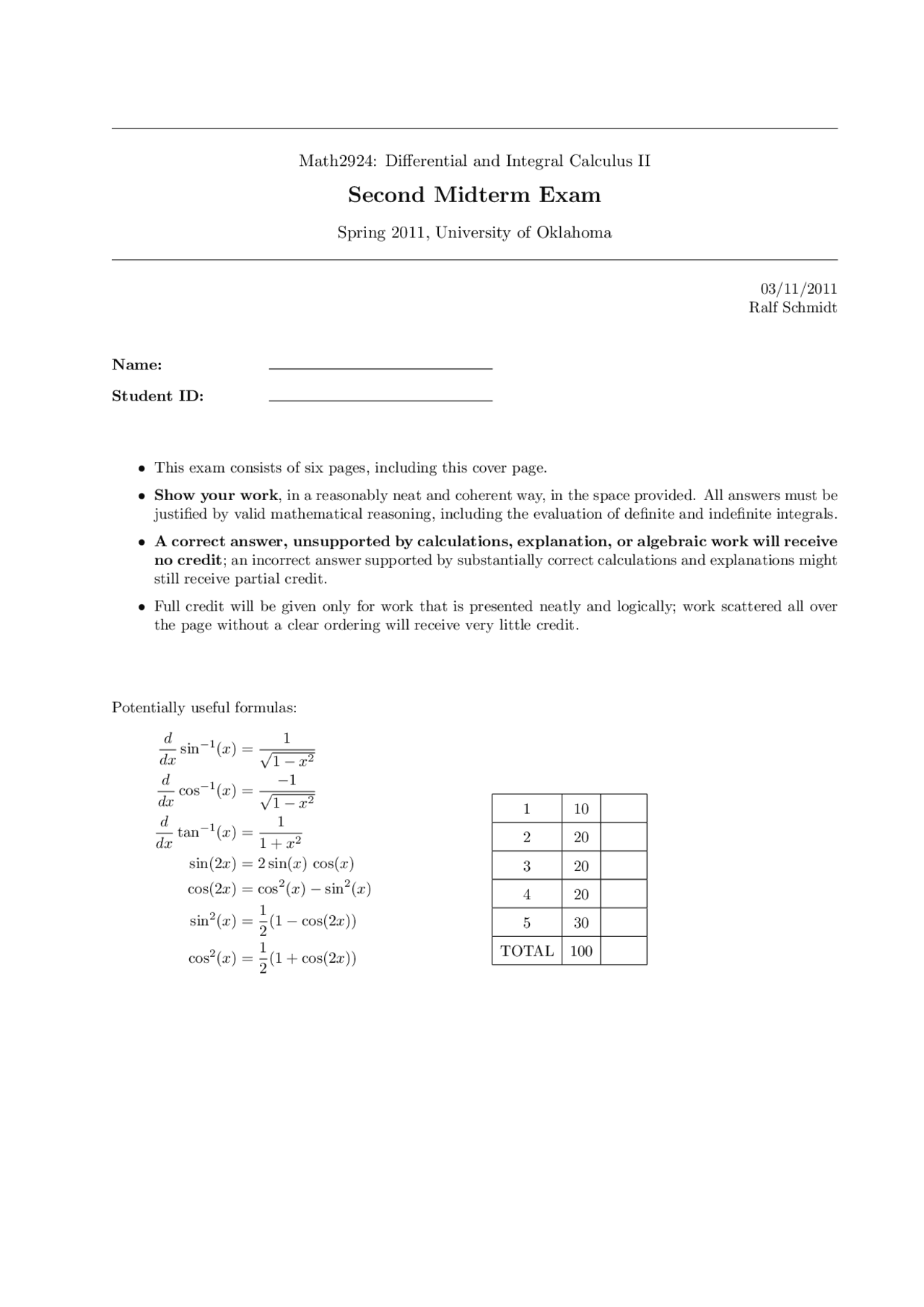 Differential and Integral Calculus II - Midterm Exam 2 | MATH 2924 ...