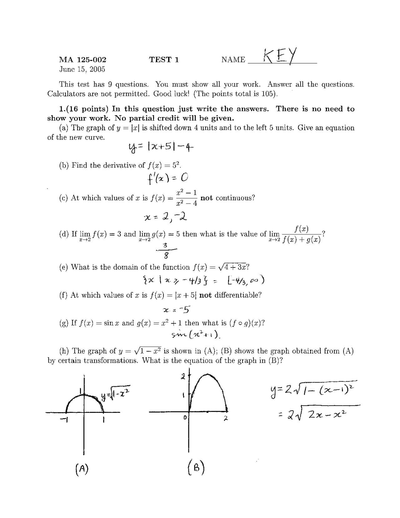Introductory Calculus Example Questions 9 Questions on Calculus I with Solution - Exam 1 | MATH 125 | Exams ...