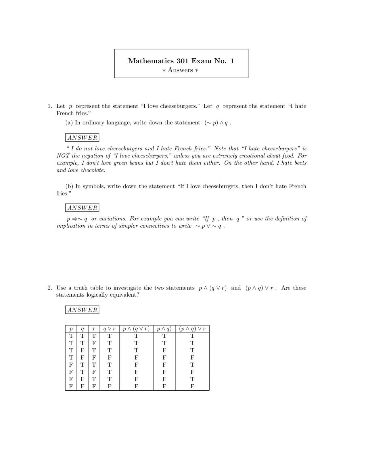 Discrete Math Quiz Example 13 Questions on Discrete Mathematics with Answers - Exam 1 | MATH 301 ...