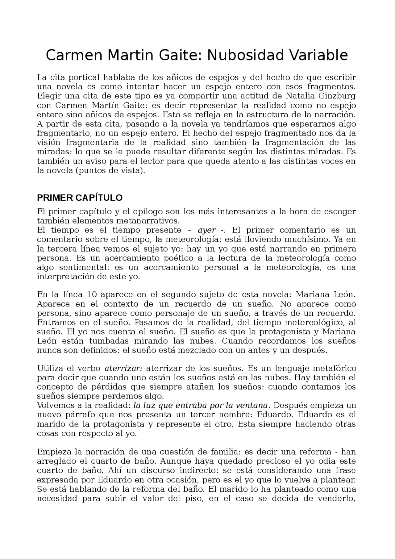 Riassunto Di Letteratura Spagnola Armen Martin Gaite Nubosidad Variable Docsity