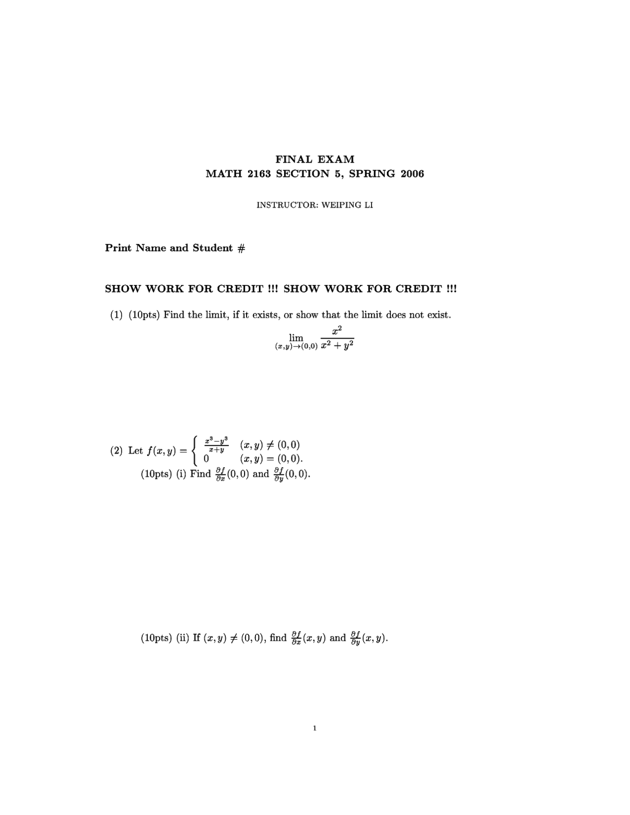 Final Exam With 15 Questions Calculus Iii Math 2163 Docsity