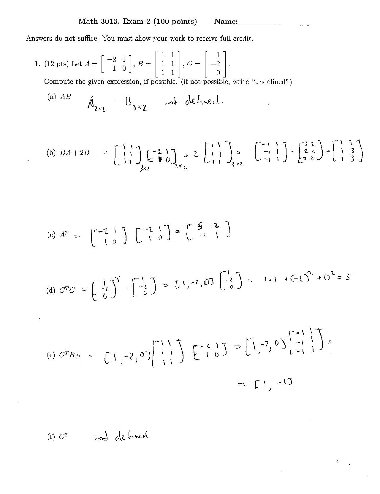 Matrix Exam Example 9 Questions on the Matrix Algebra - Examination 2 | MATH 3013 - Docsity