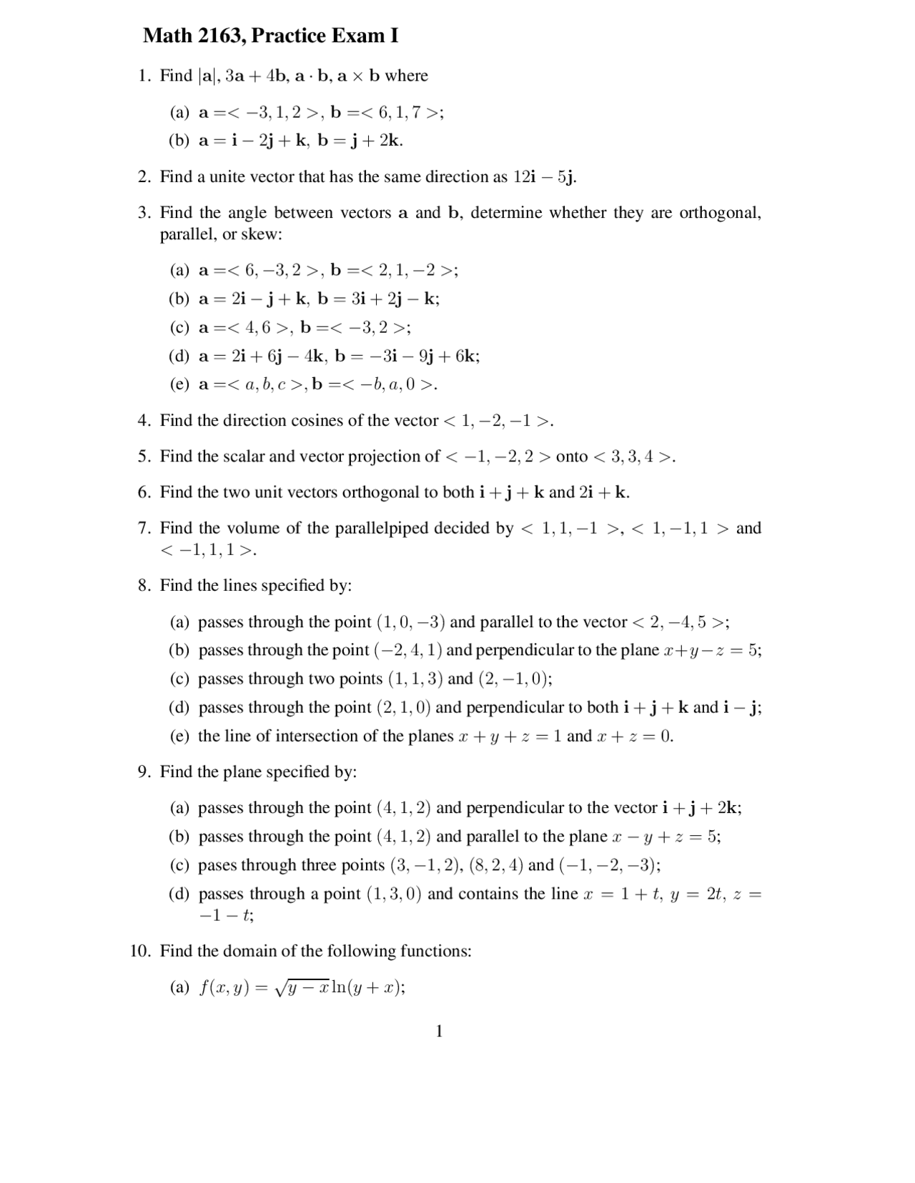 Practice Exam 1 | Calculus III | MATH 2163 - Docsity
